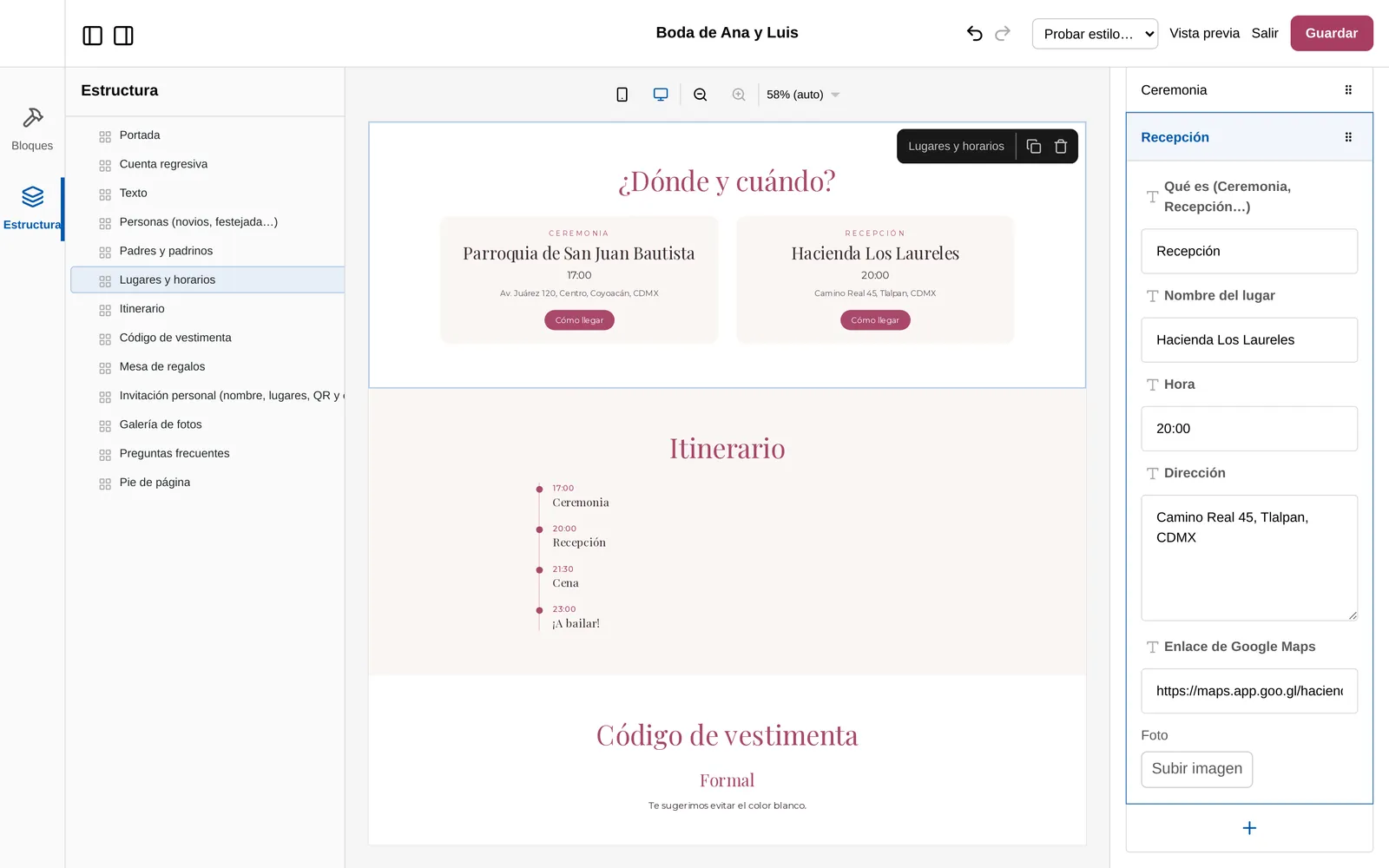Editor de invitaciones de Acomódalos: la lista de bloques, la vista previa y los campos de Lugares y horarios con el enlace de Google Maps.