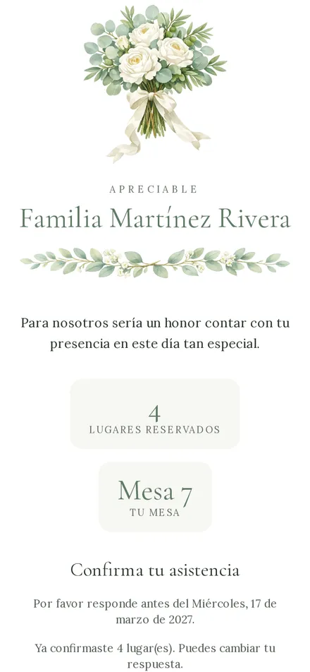 Invitación personal con el nombre de la familia, 4 lugares y la mesa 7.