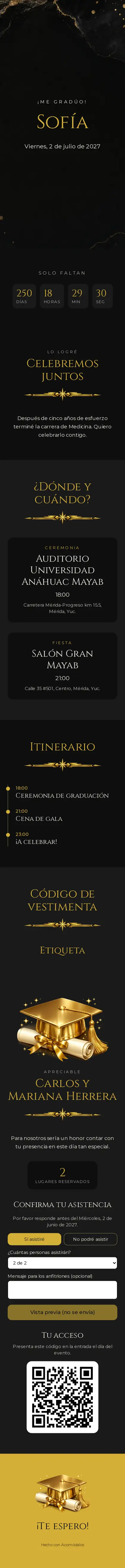 Invitación Gala dorada de Acomódalos, para graduaciones