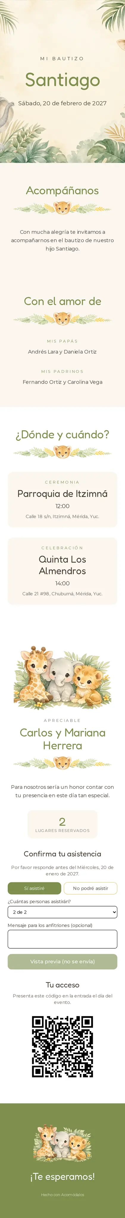 Invitación Selva tierna de Acomódalos, para bautizos